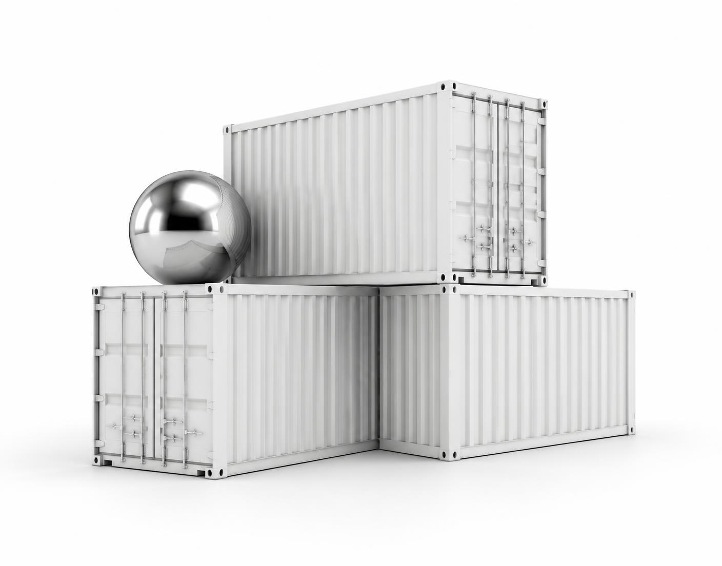 Abstract sculpture of white freight containers and a chrome sphere